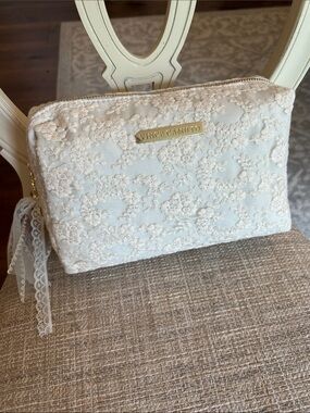 Vince Camuto Lace-Embroidered Cream Cosmetic Pouch